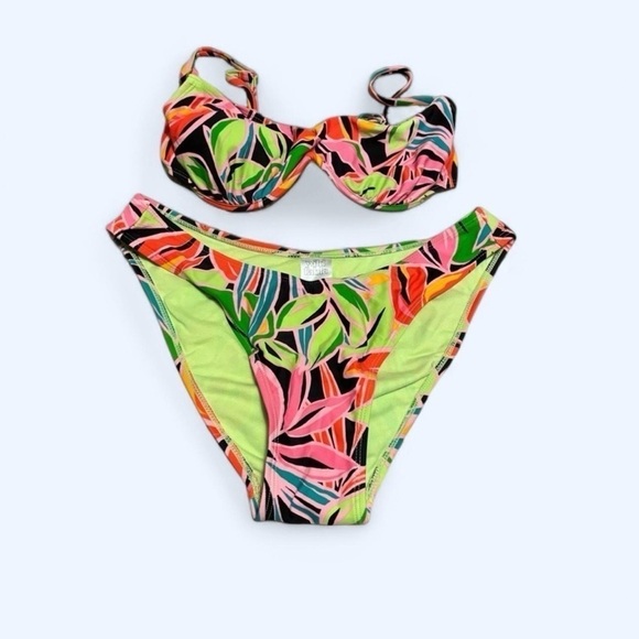 NEW Wild Fable Pink Green Tropical Print Underwire Bralette Bikini M - Picture 1 of 5
